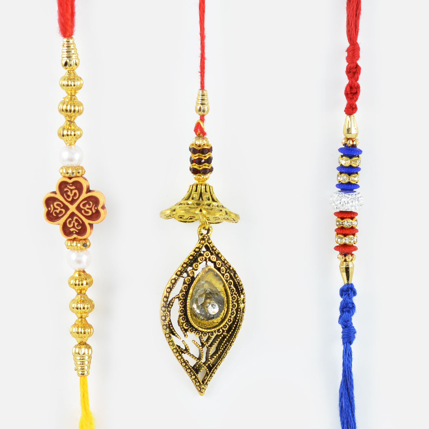 Golden Kundan Meena Lumba Rakhi with OM and Beads Rakhi Set of 3