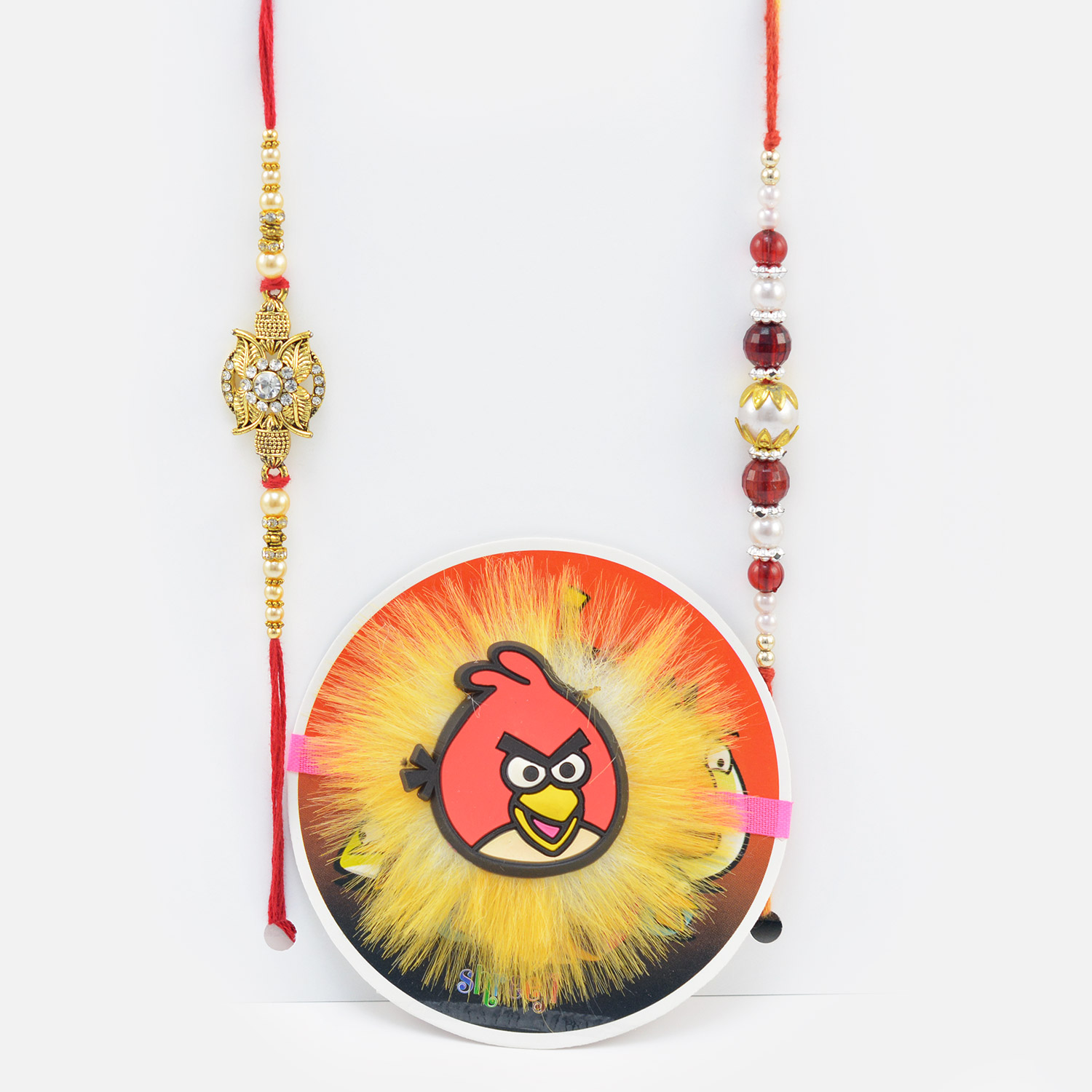 Designer Beads Rakhi Pair for Brother with a Angry Bird Kid Rakhi.