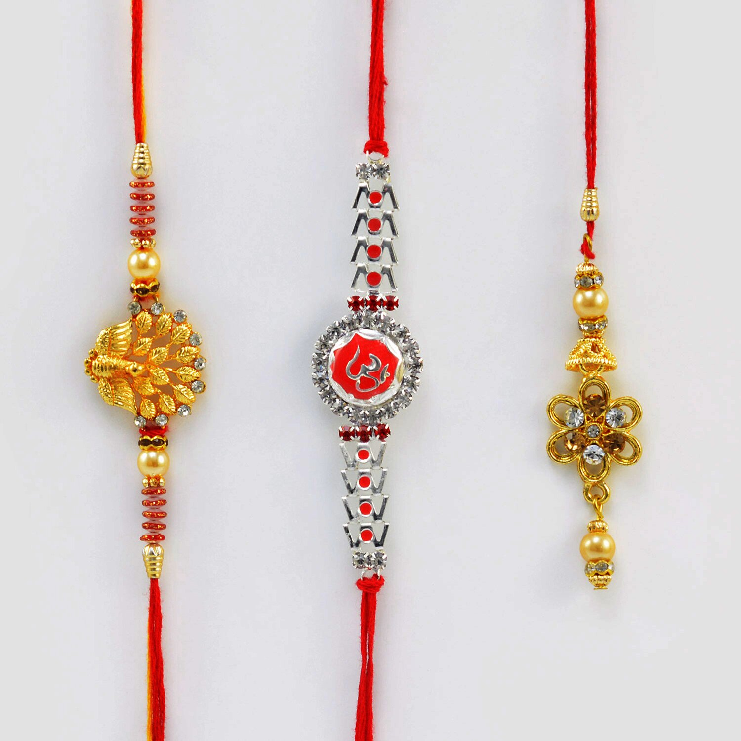 Designer Golden Peacock and Om Rakhi for Brother with Floral Shape Lumba