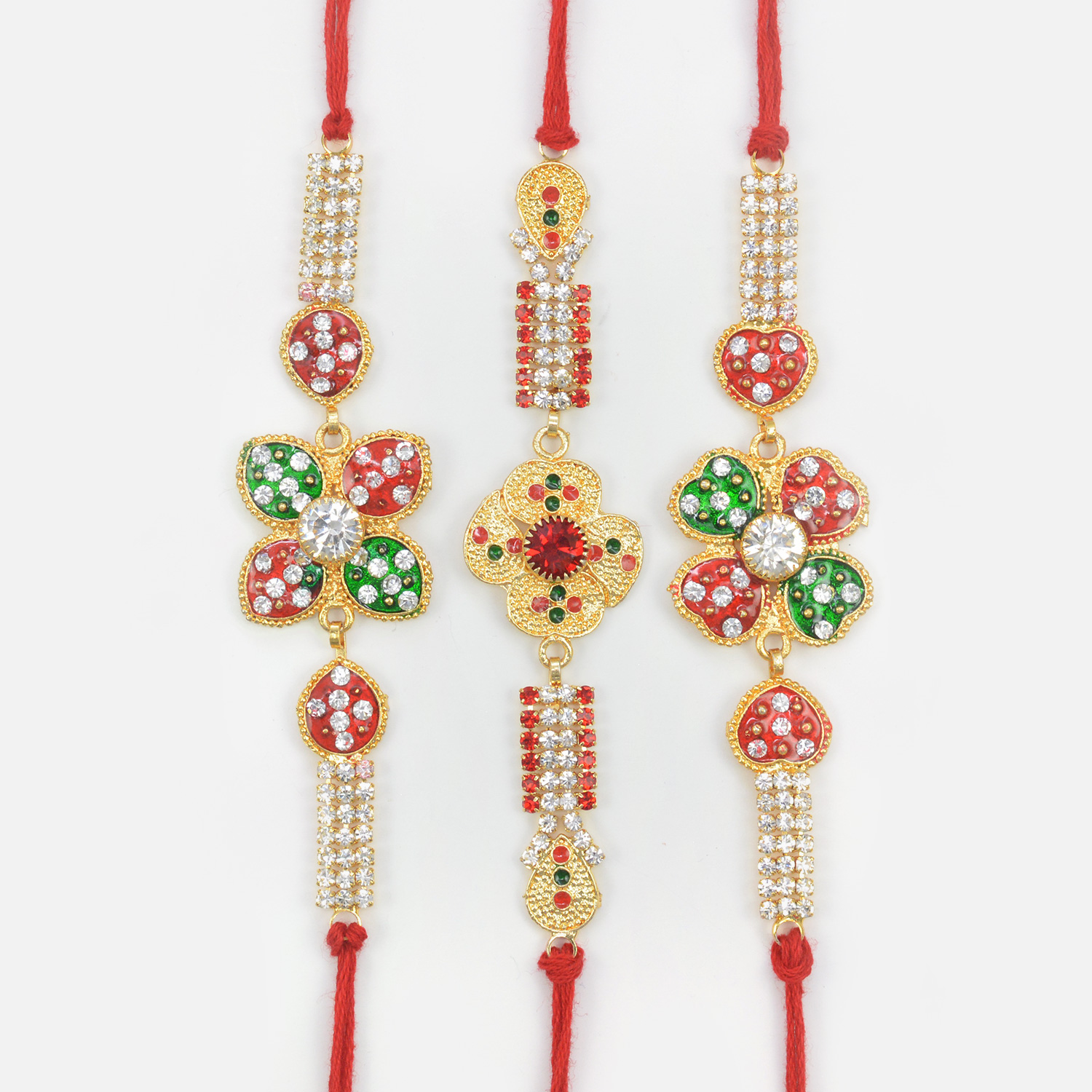 Meenakari Hand Colorful Work Flower Shape and Golden Color Marvelous Jewel Rakhis for 3 Brothers