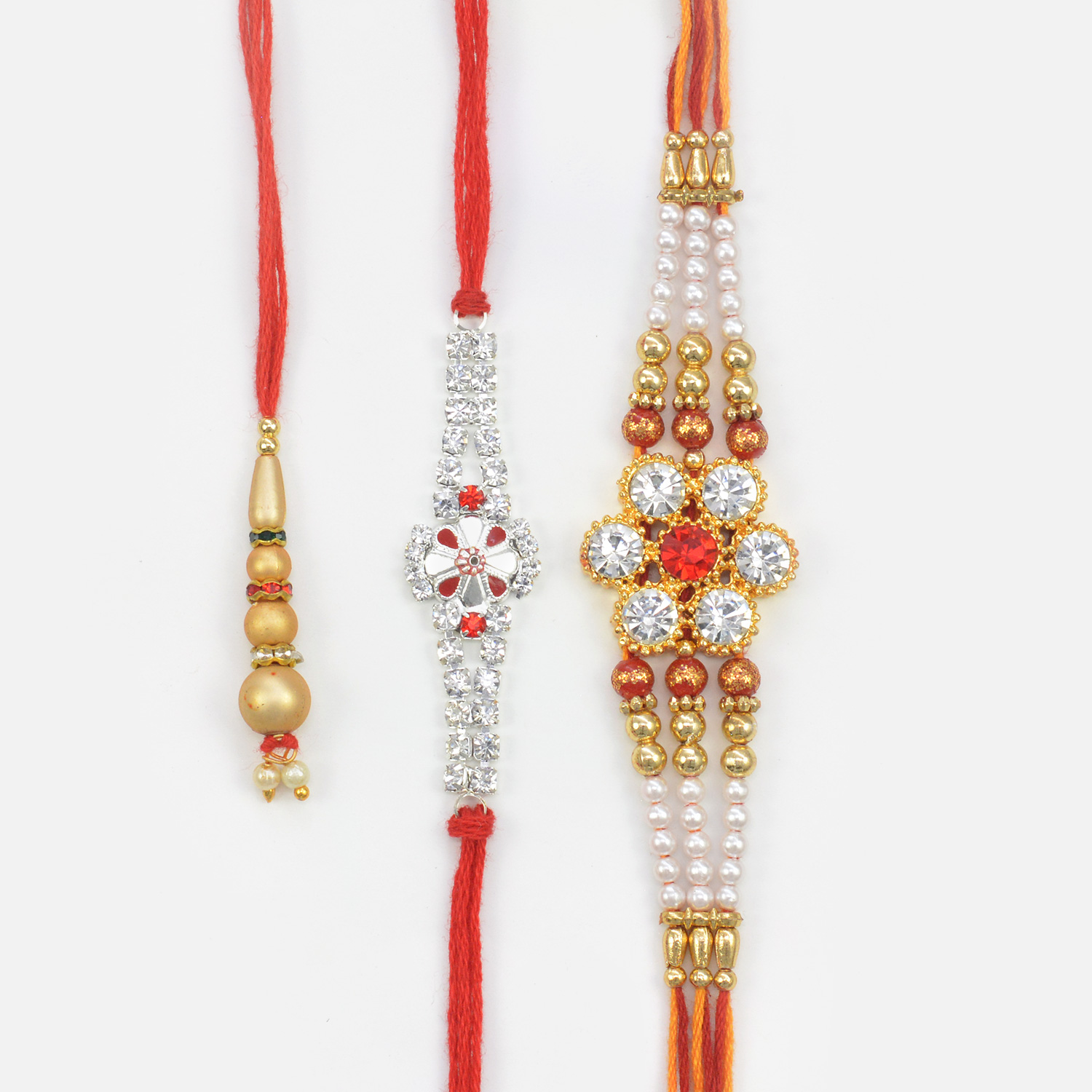 Floral Shape Pear and Small Silver Stunning Brother Rakhi with Golden Beaded Lumba Rakhi Set 