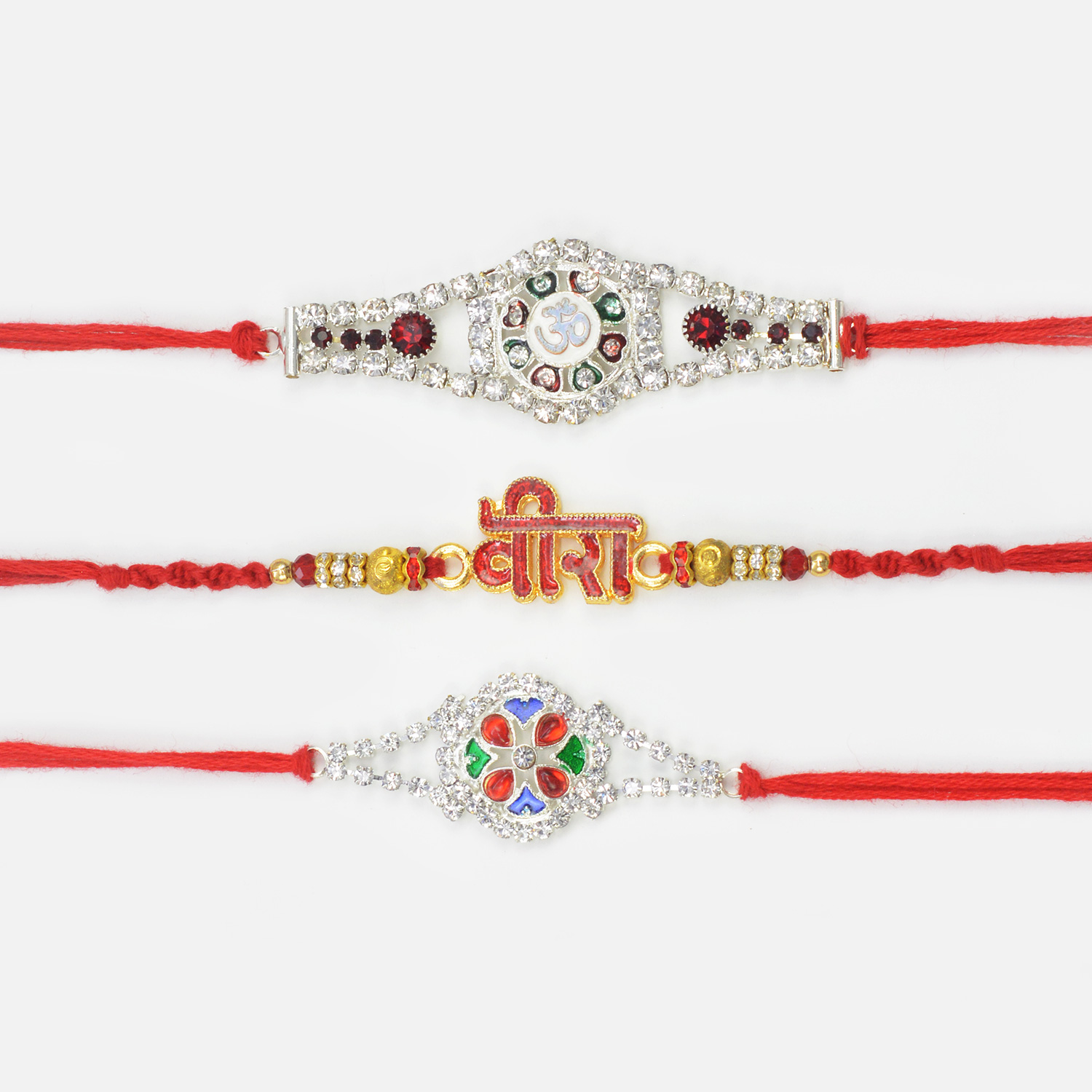 Veera Written in Hindi with Two Silver White Jewel Studded Attractive 3 Rakhis for Brother
