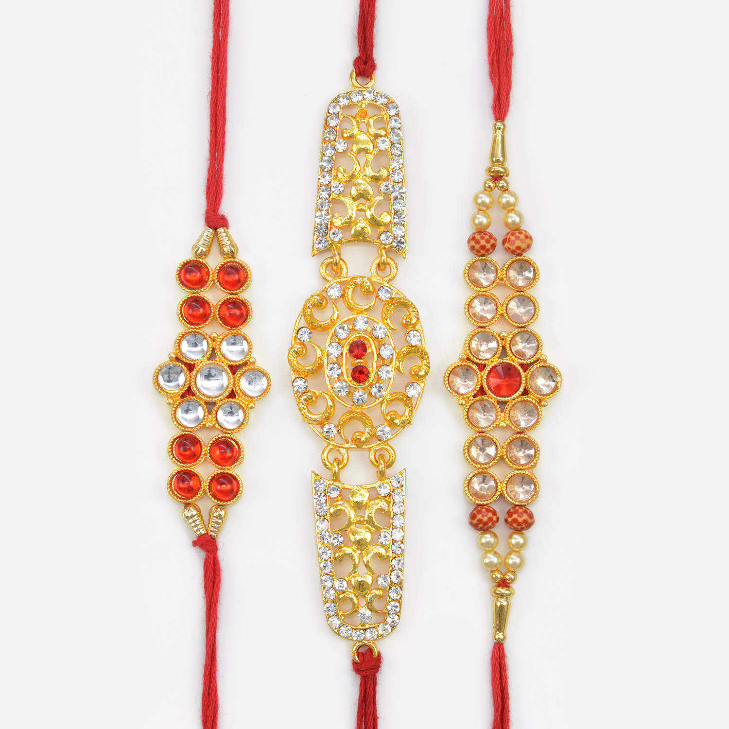 Circular Shape Red and White Jewel Studded Rakhis with Golden New Pattern Awesome Rakhis Set of 3