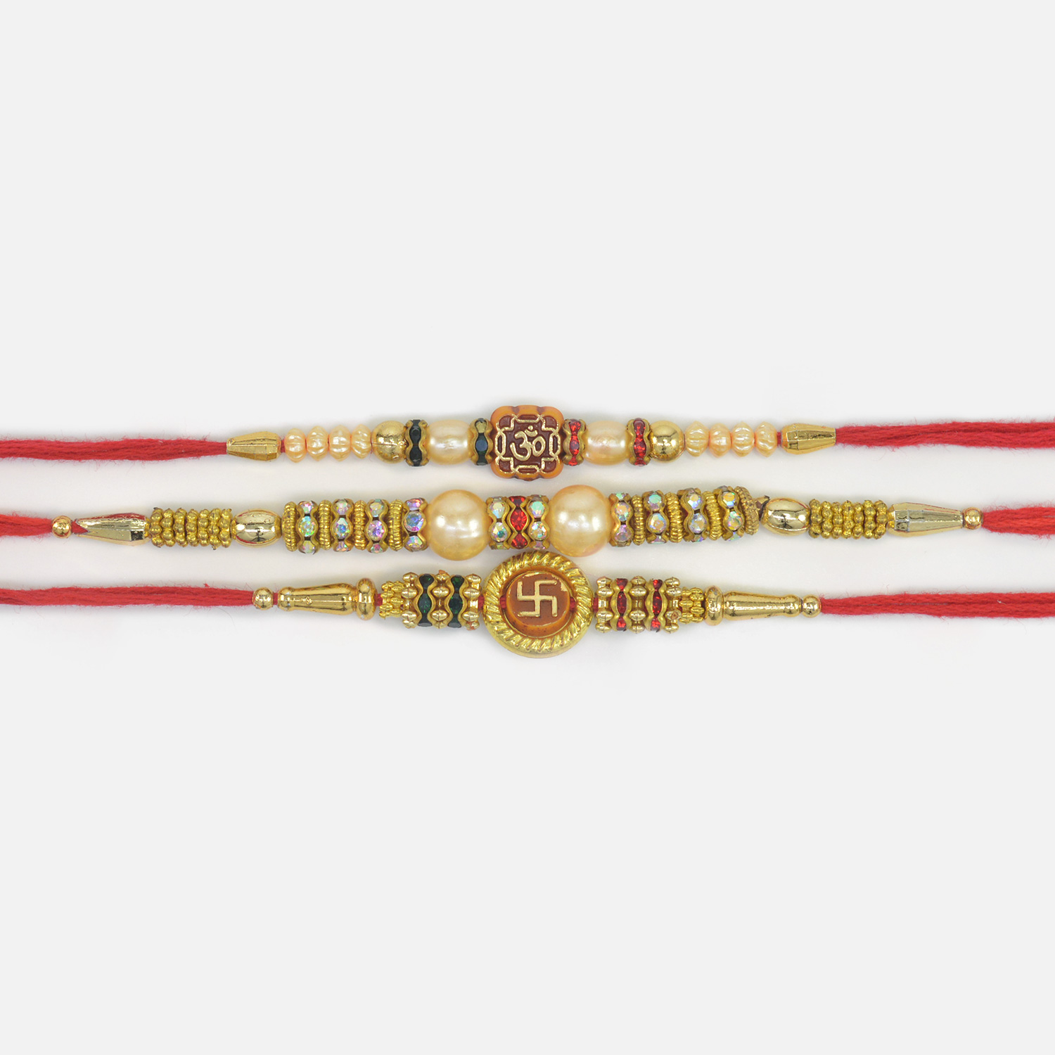 Om and Swastika Auspicious Attractive Rakhis with Pearl Studded Brother Rakhis Set of 3
