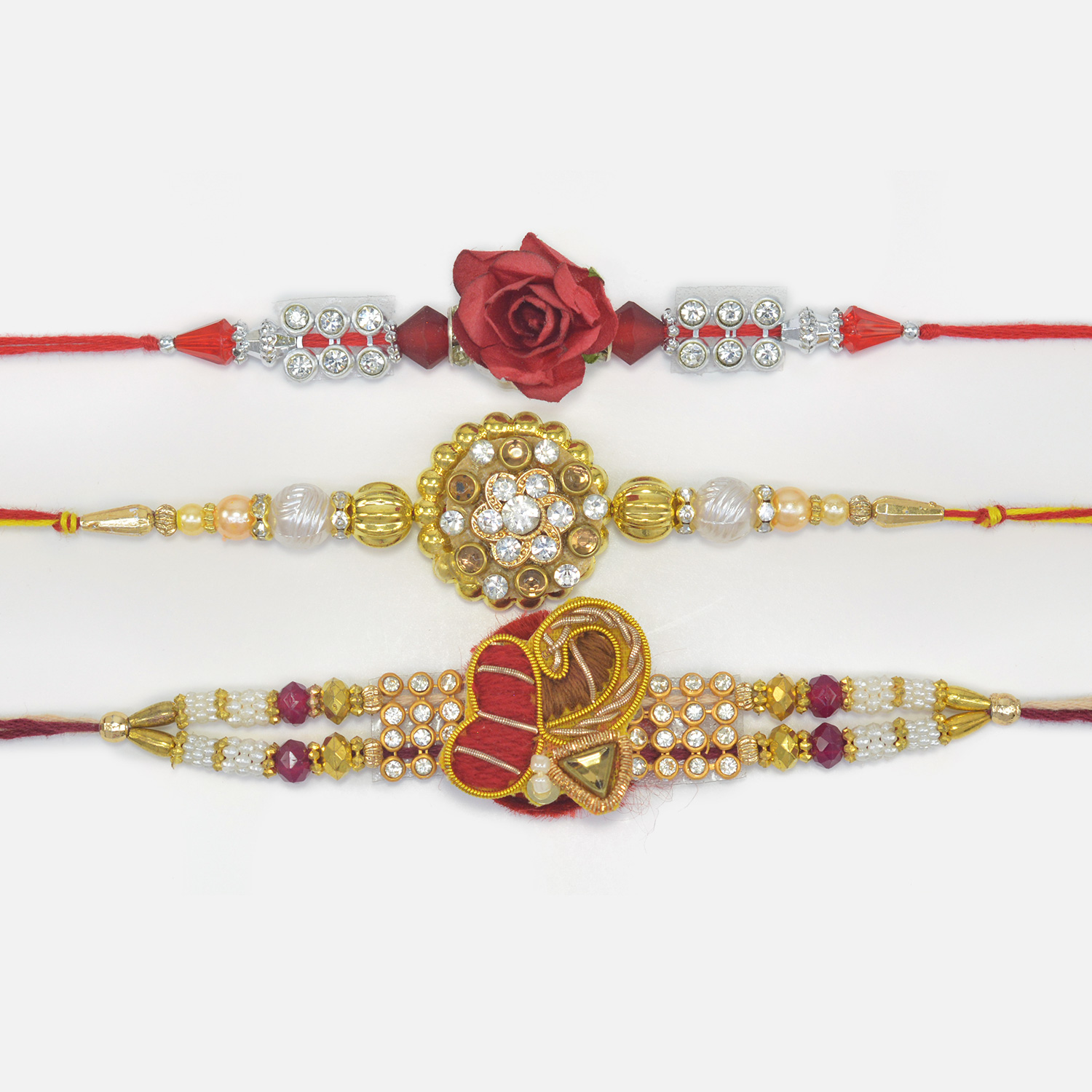 Rose Flower Jewels and Zardosi Attractive 3 Marvelous Set of Rakhis