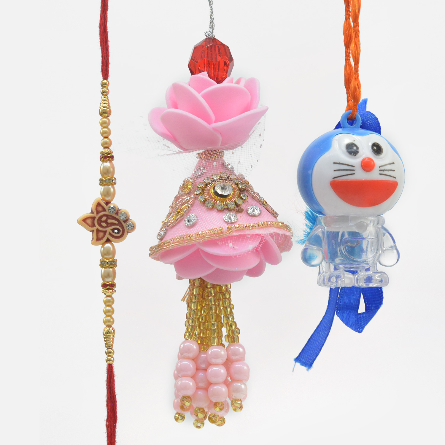 Small Ganesha Beads Brother Rakhi with Pink Lumba and Doremon Kid Rakhis Set for Family