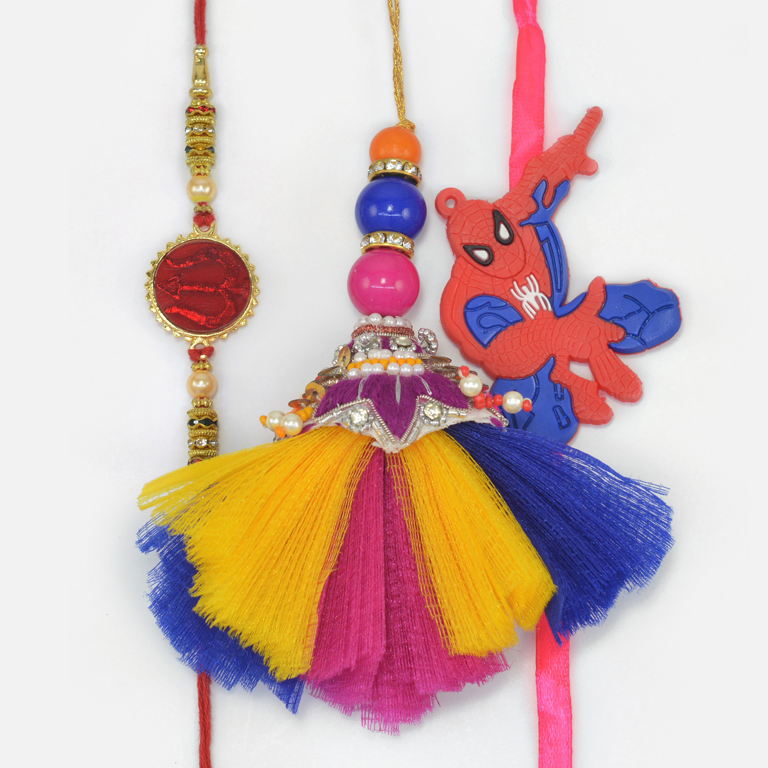 Gold Trishul Divine Rakhi with Colorful Lumba Rakhi and Spiderman Kid Rakhi Set of 3