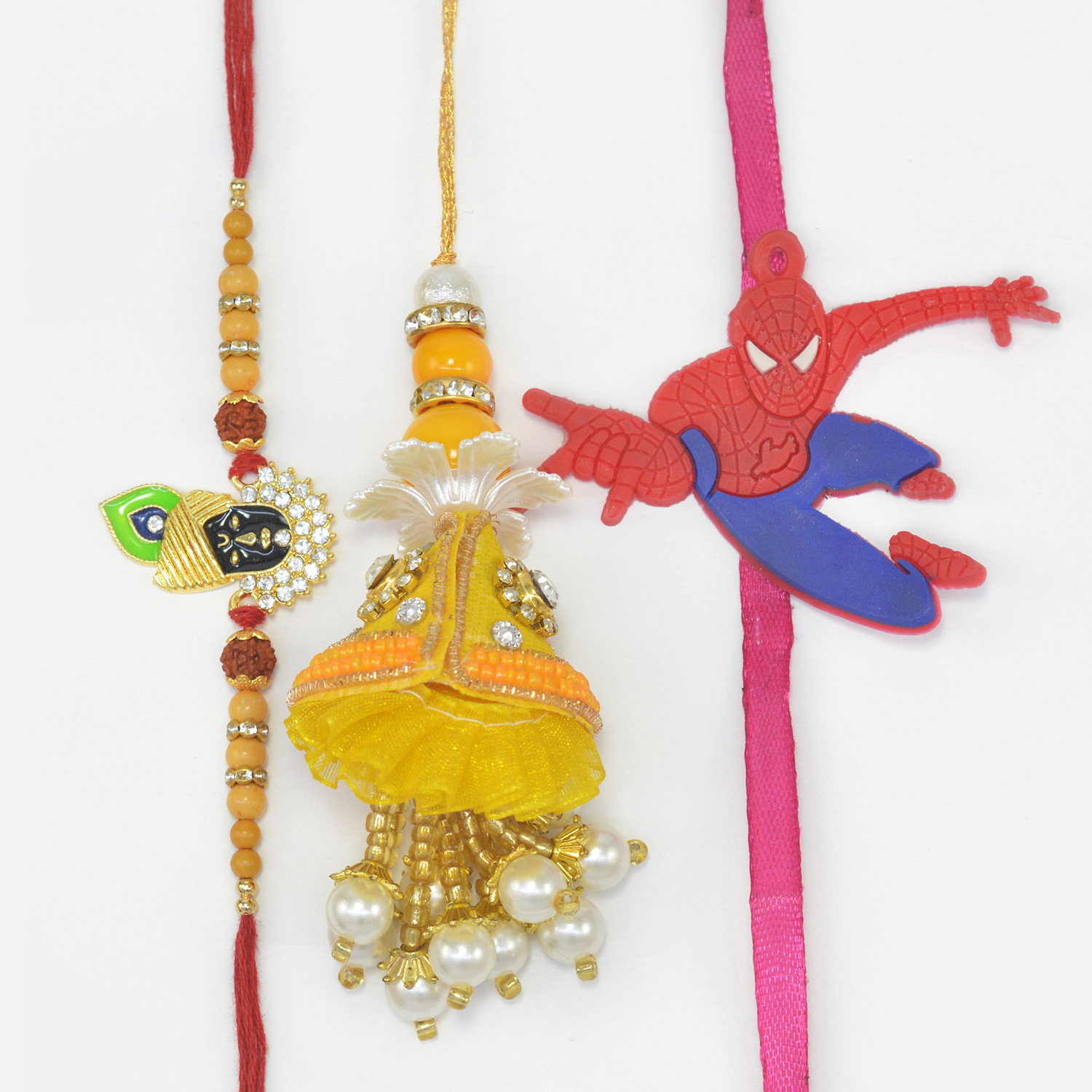 Divine Shri Krishna God Rakhi with Lumba Rakhi and Spiderman Kid Rakhi set for Family
