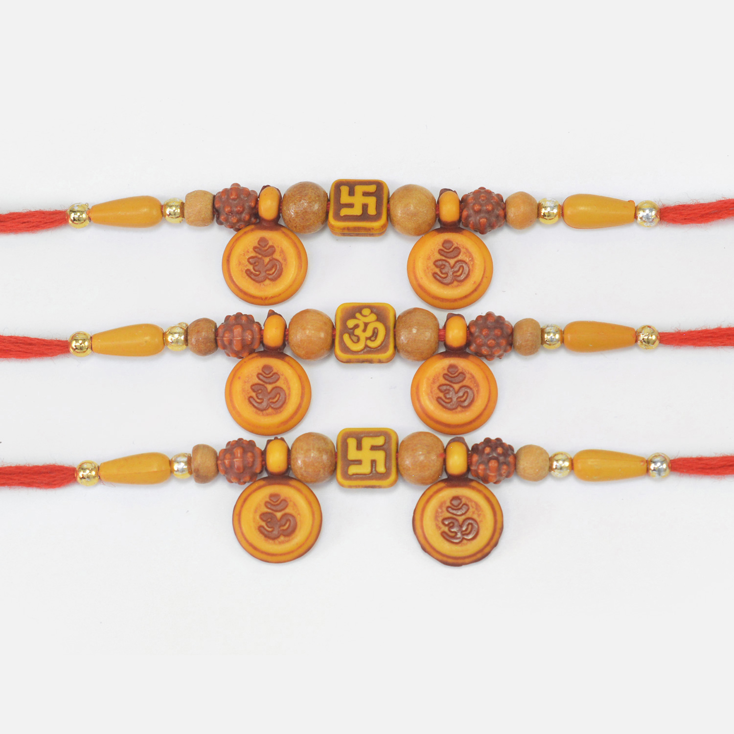 Sandalwood and Divine Special Brother Rakhis of Auspicious Om and Swastika Set of 3