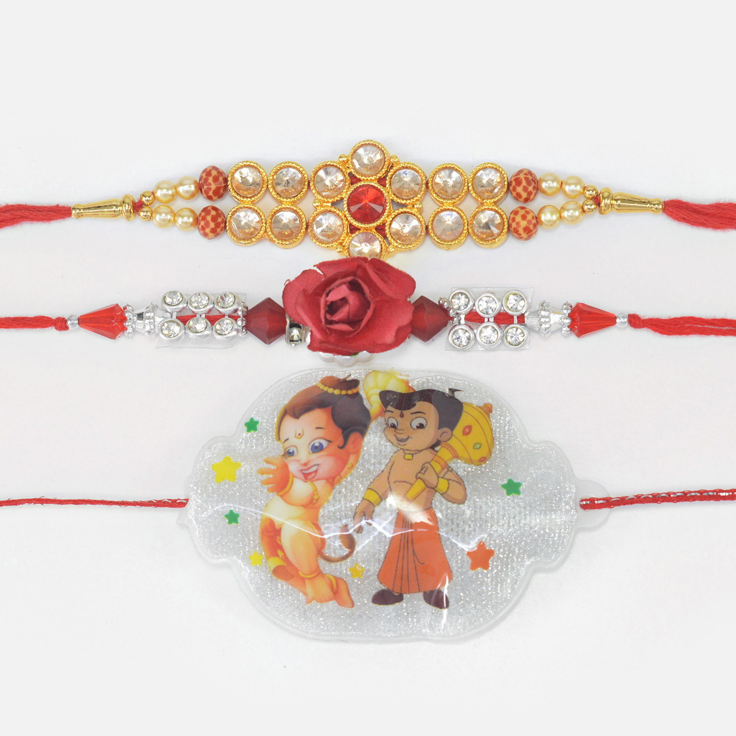 Jewel Studded Golden and Flower Designed Two Brother Rakhi with Cartoon Character Kid Rakhi