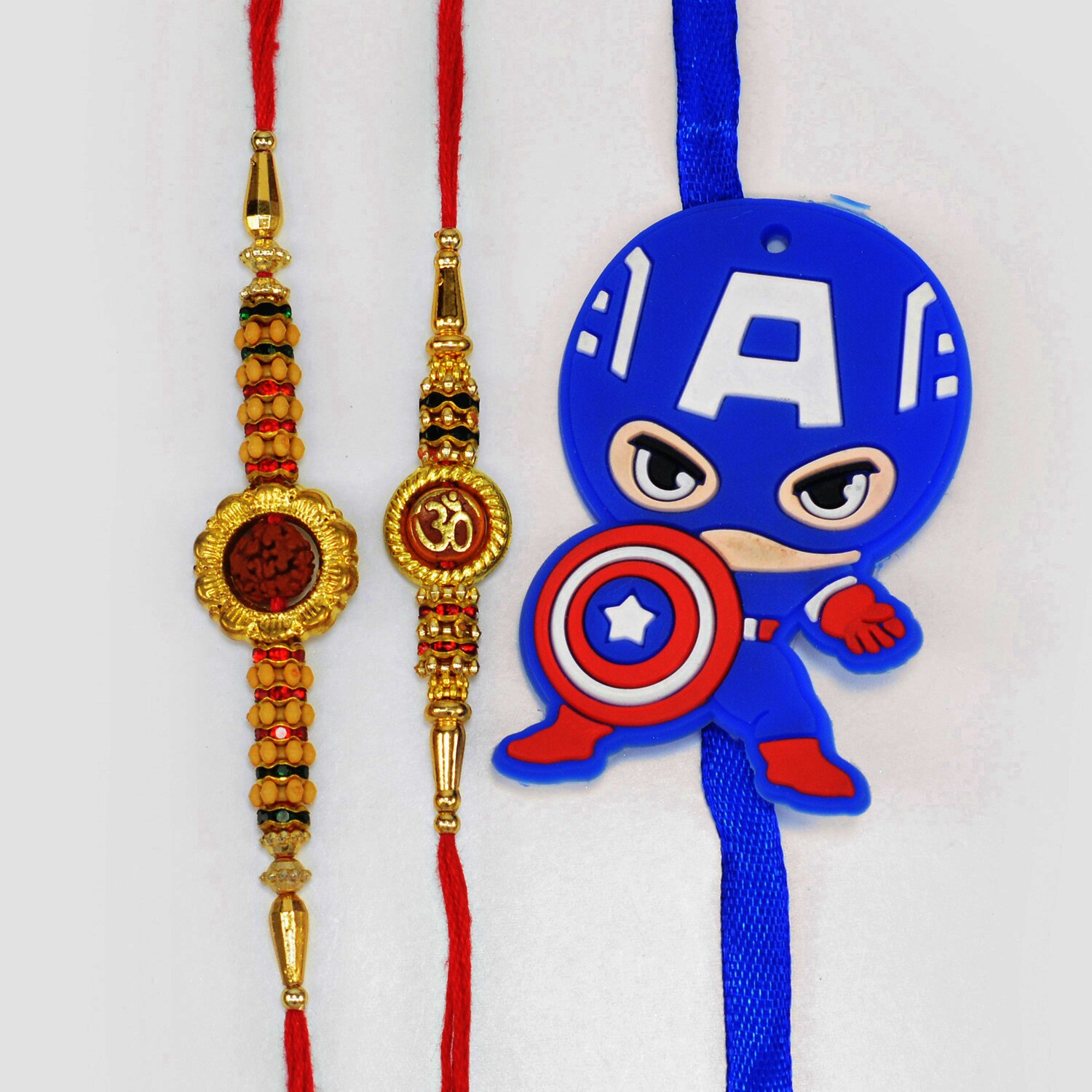 Rudraksha and Om Thread Brother Rakhis with Captain America Rakhi for Kid