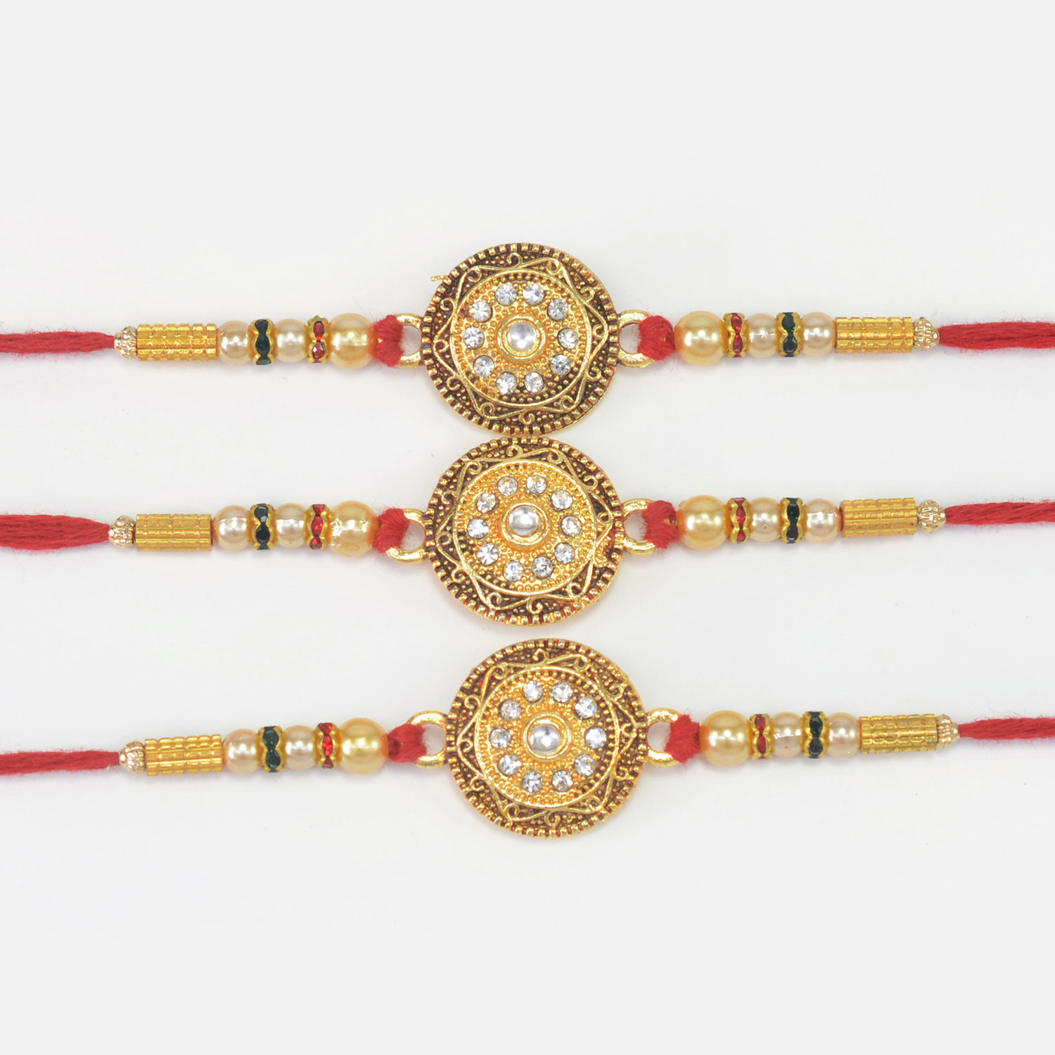 Coin Shape Jewel Studded Designer with Beads Marvelous Looking Rakhis for Brother
