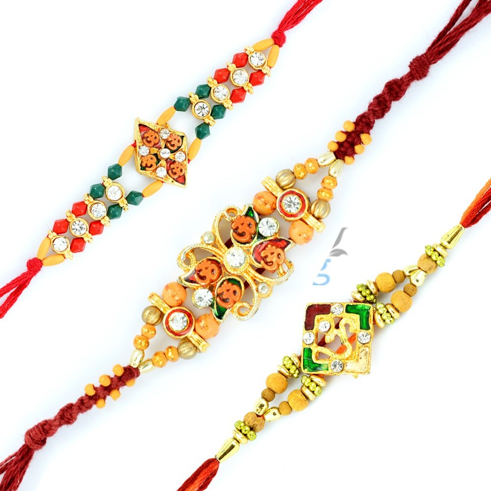 Diamond Beads Meenakari Auspicous Rakhi Set of 3 Rakhis