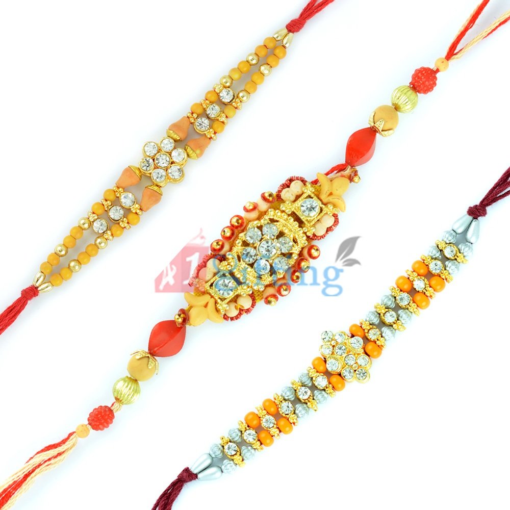 Beautiful Diamond Beads Golden Rakhi Bracelet of 3 Rakhis