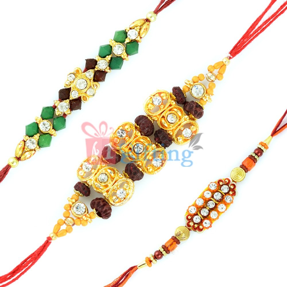 Set of 3 Rakhis with Rudraksh Diamond Cutting Green Beads