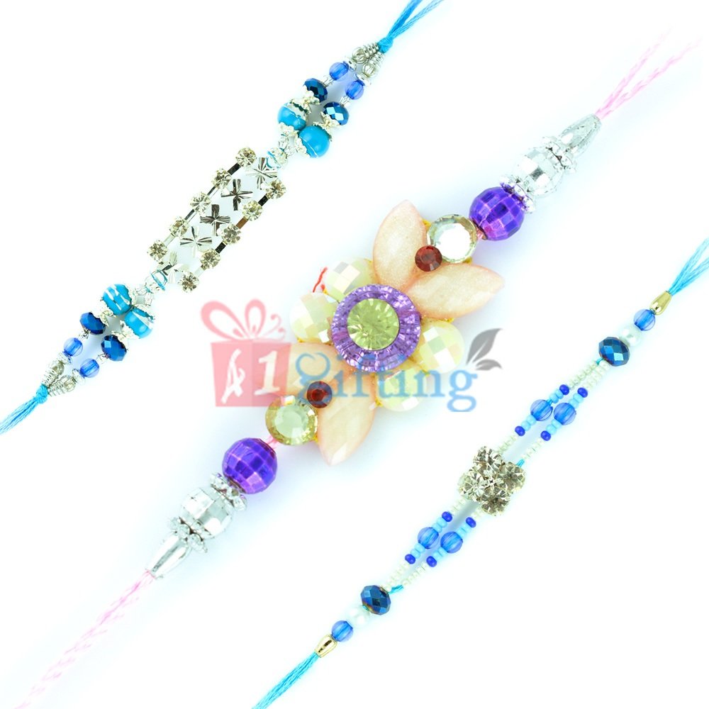 SkyBlue Color Rakhi Set of 3 Diamond Beads Rakhis
