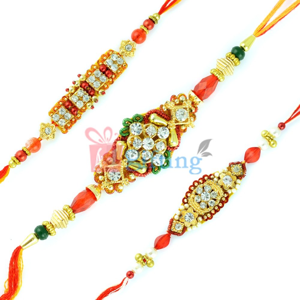 Traditional Zardosi Diamond Beads Rakhi Set of 3 Rakhis