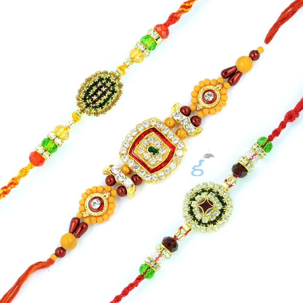 Golden Diamond Locket Rakhi Set of 3 Rakhis with Designer Beads