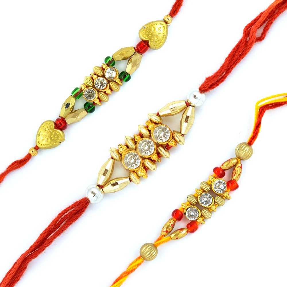 Triple Diamond Rakhi Set of 3 Rakhis with Golden Designer Beads