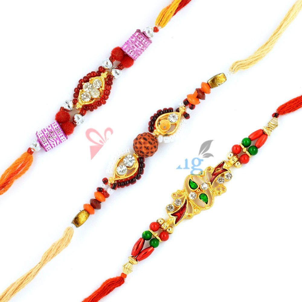 Rudraksh Diamond Floral Rakhi Set of 3 Rakhis with Colorful Beads