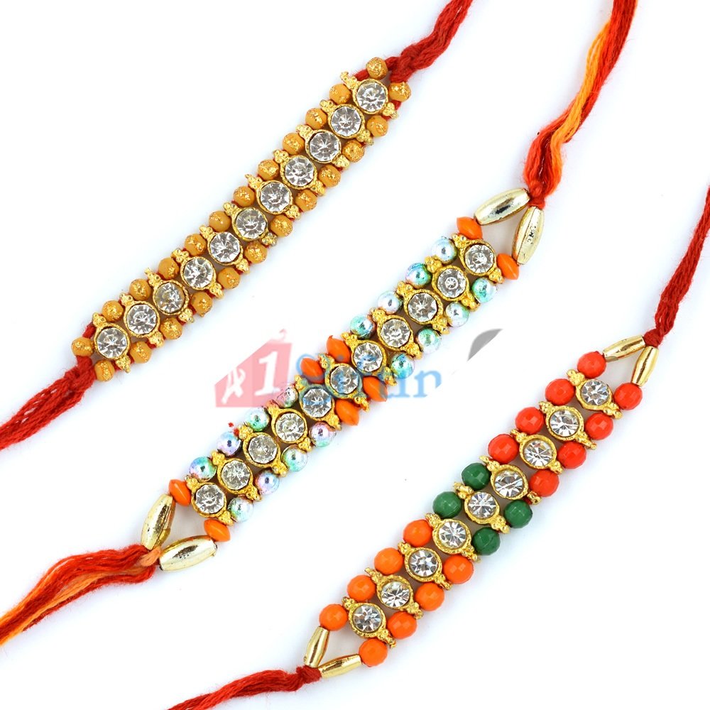 Glamorous Beads Diamond Rakhi Bracelet of 3 Rakhis Bracelets