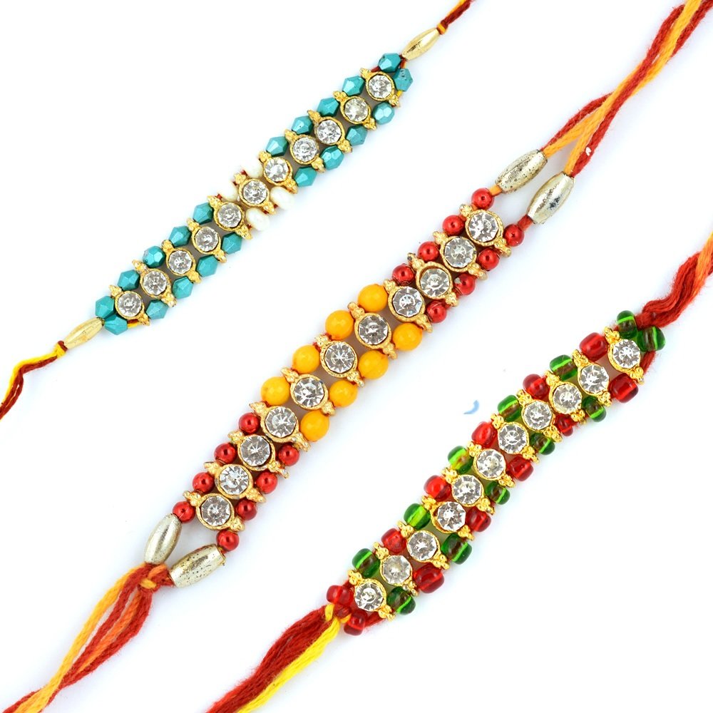 Appealing Ceramic and Crystal Beads-Diamond 3 Rakhis Bracelets Set