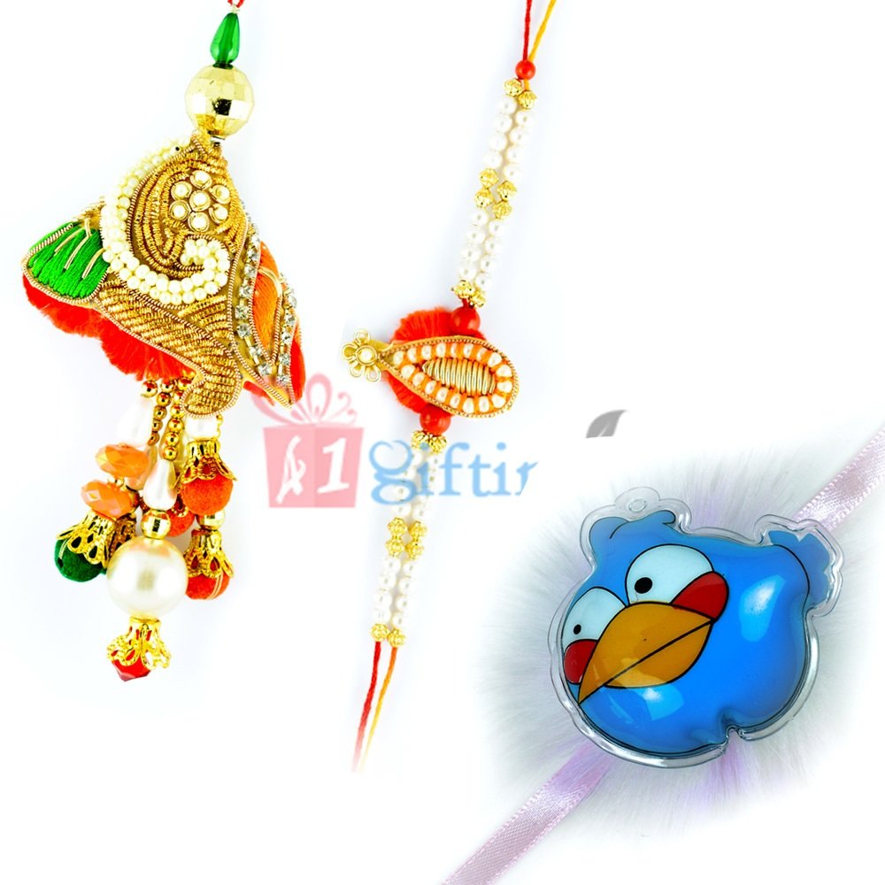 Glaring Pearl Zardosi Bhaiya-Bhabhi-Angry Birds Kids Rakhi Set of 3 Rakhis