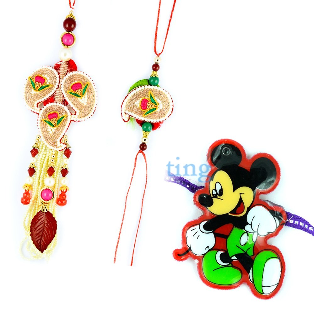 Micky Mouse Kids Rakhi with Bhaiya-Bhabhi Zardosi Rakhi Set of 3 Rakhis