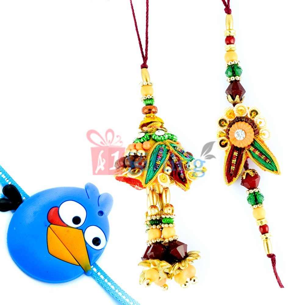 Bhaiya-Bhabhi Fancy Beads Rakhi with Angry Birds Kids Rakhi Set of 3 Rakhis