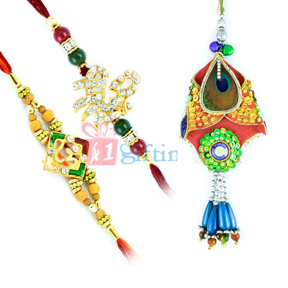 Glorious Golden Diamond Sri Om and Peacock Feather Bhabhi Rakhi Set