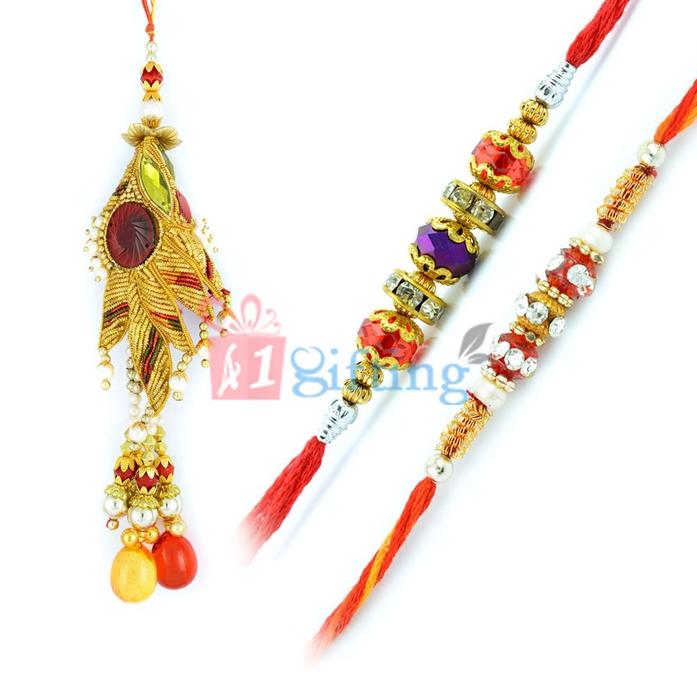 Stylish Zardosi Bhabhi Rakhi with Crystal Beads Diamond 3 Rakhis Set