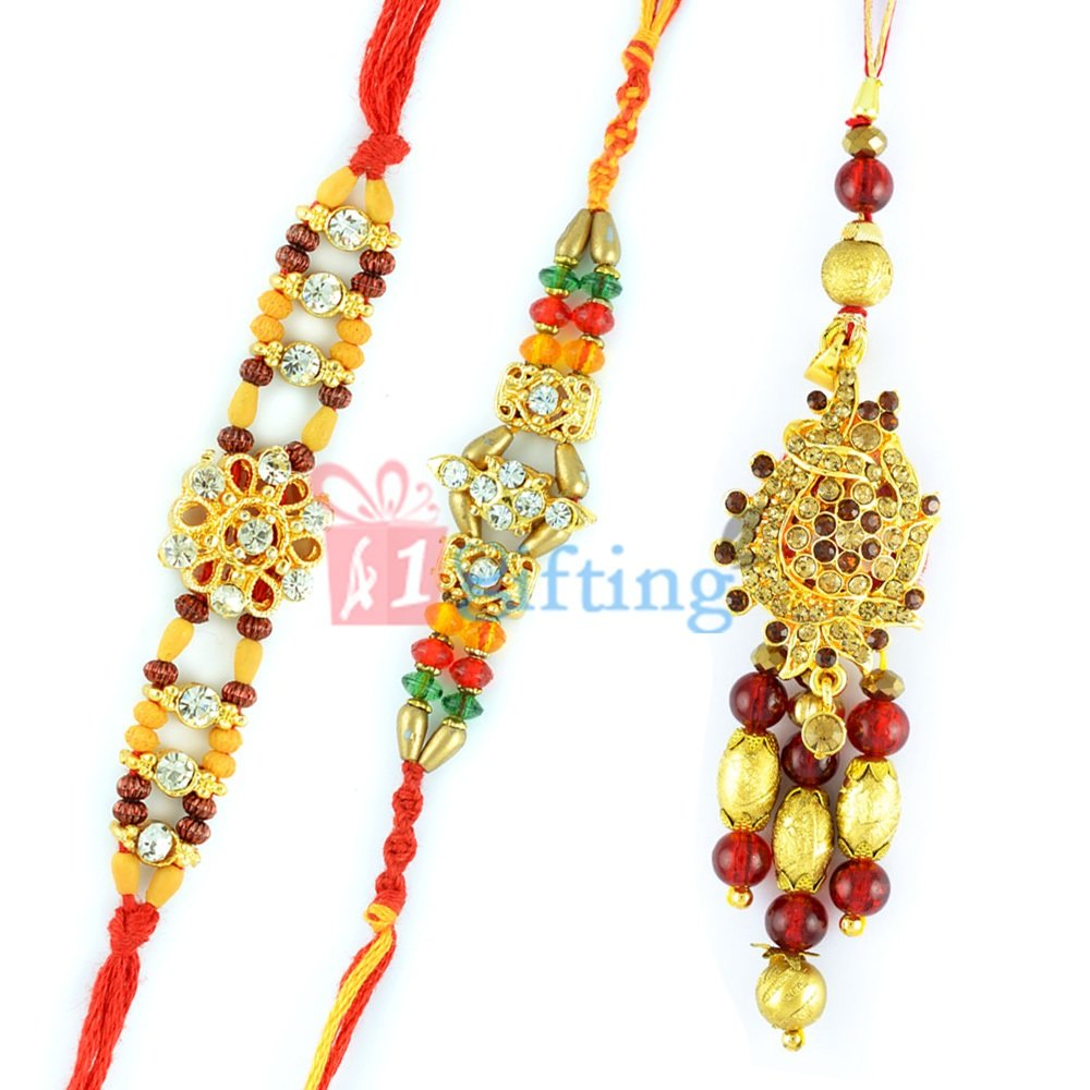 Fancy Golden Diamond Crystal Beads Bhabhi Rakhi Set of 3 Rakhis