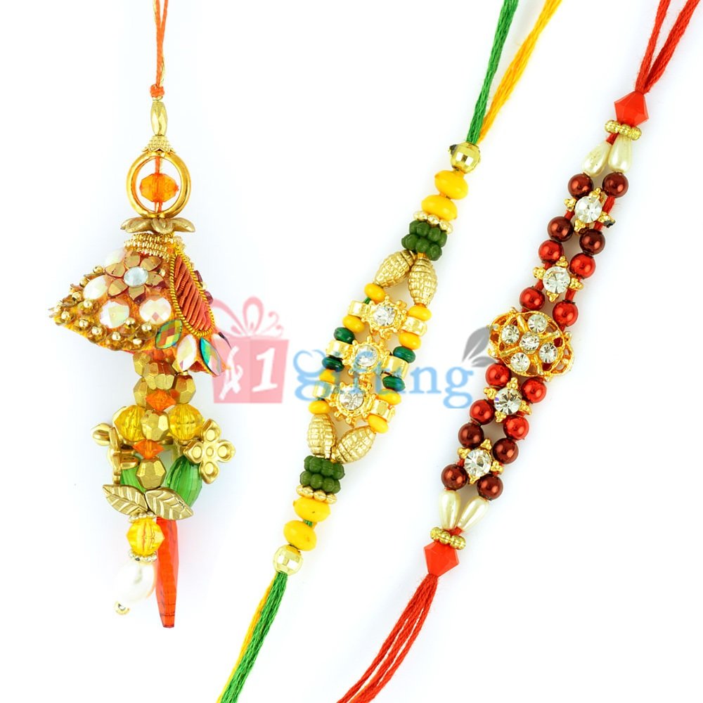 Amazing Kundan Bhabhi Rakhi with Diamond Beads Rakhi Set of 3 Rakhis