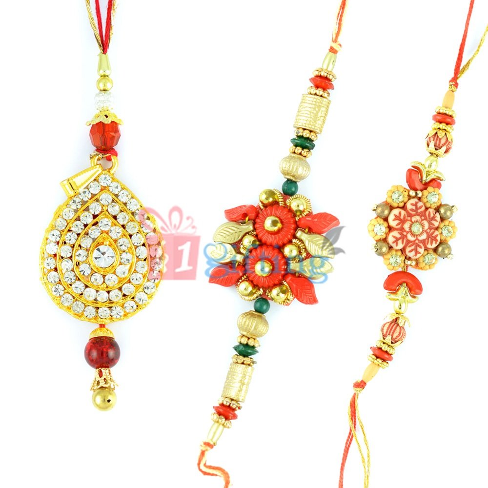 Diamond Mangtika Rakhi for Bhabhi with Flower Beads Rakhi Set of 3 Rakhis