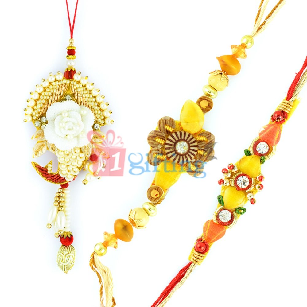 Eye-Catching Pearl Bhabhi Lumba Rakhi with Fancy Beads Rakhi Set of 3 Rakhis