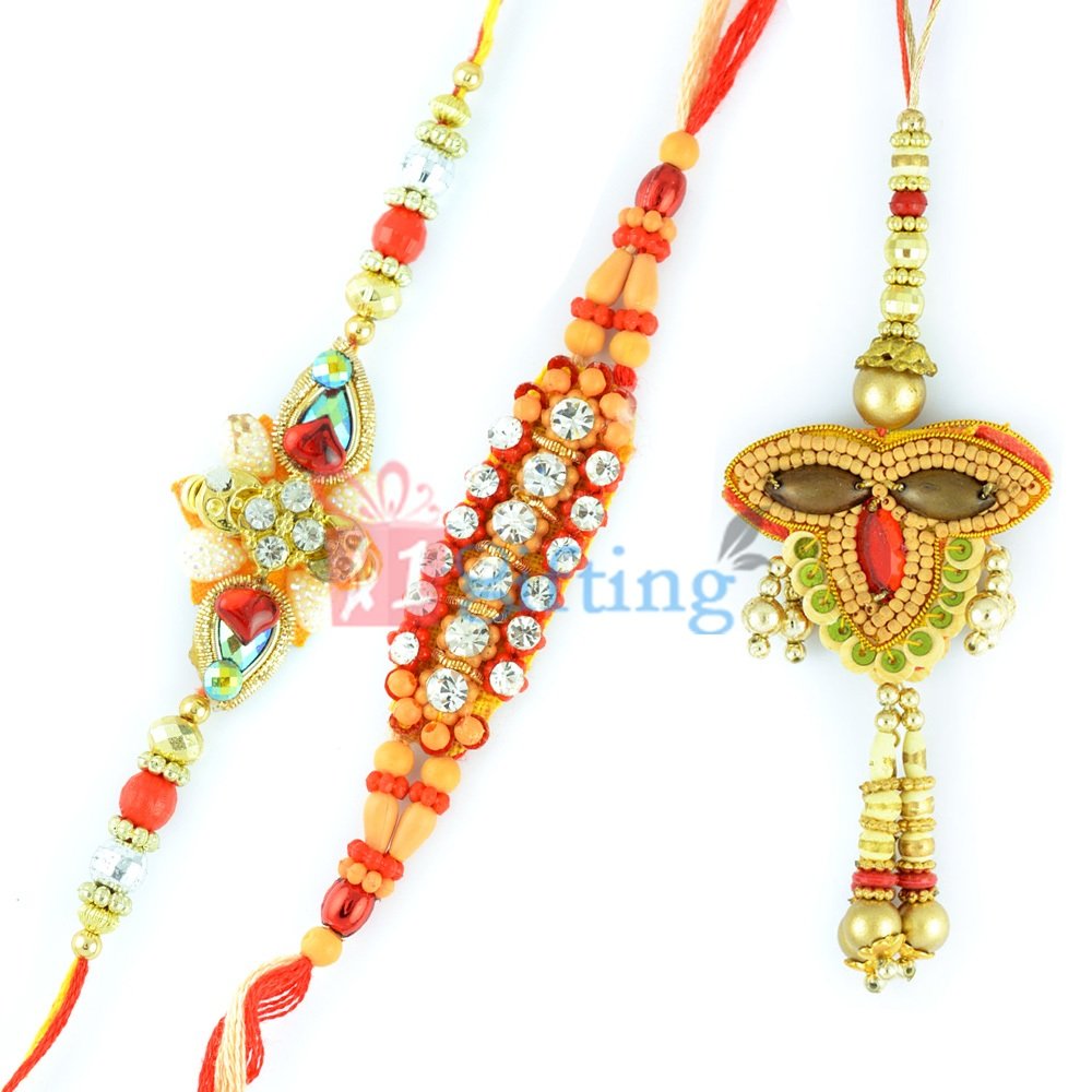 Triple Leaf Beads Lumba Rakhi with Diamond Beads Rakhi Set of 3 Rakhis
