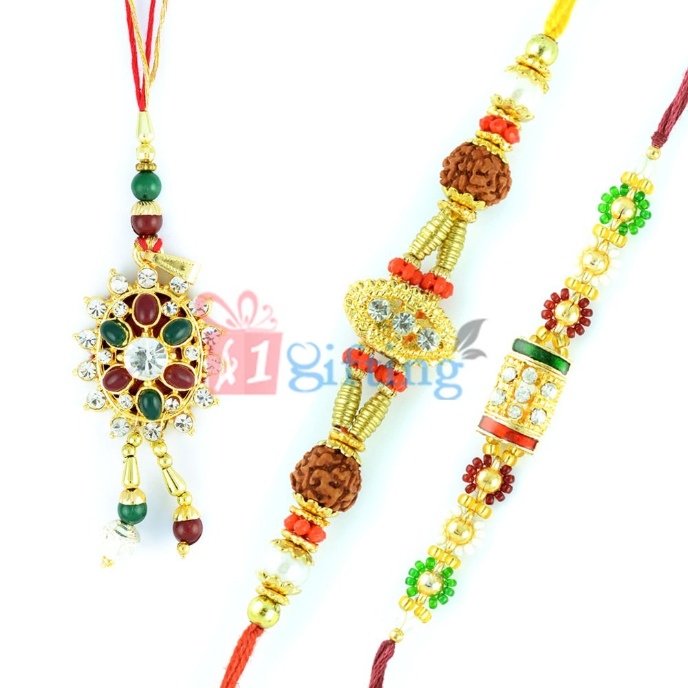 Superb Kundan Diamond Lumba Rakhi with Rudraksh Meena Jewel 3 Rakhi Set