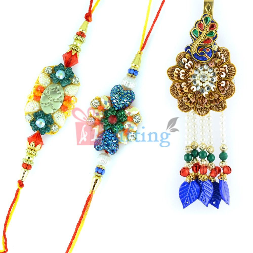 Blue Leaf Zardosi Lumba Rakhi with Kundan Beads Rakhi Set of 3 Rakhis