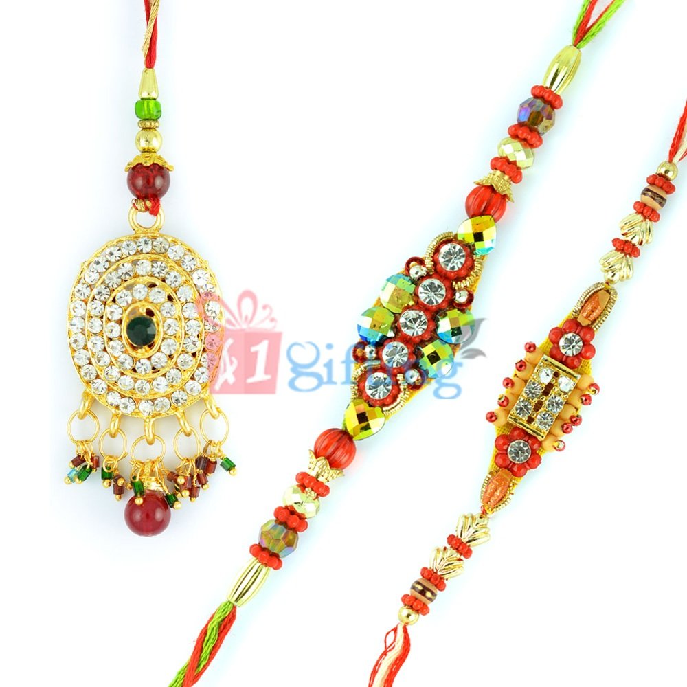 Mangtika Golden Diamond Lumba Fancy Kundan Beads Diamond Set of 3 Rakhis