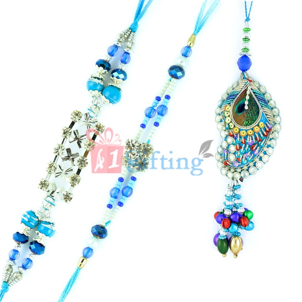 Blue Crystal Beads with Kundan Peacock Feather Lumba Rakhi Set of 3 Rakhis