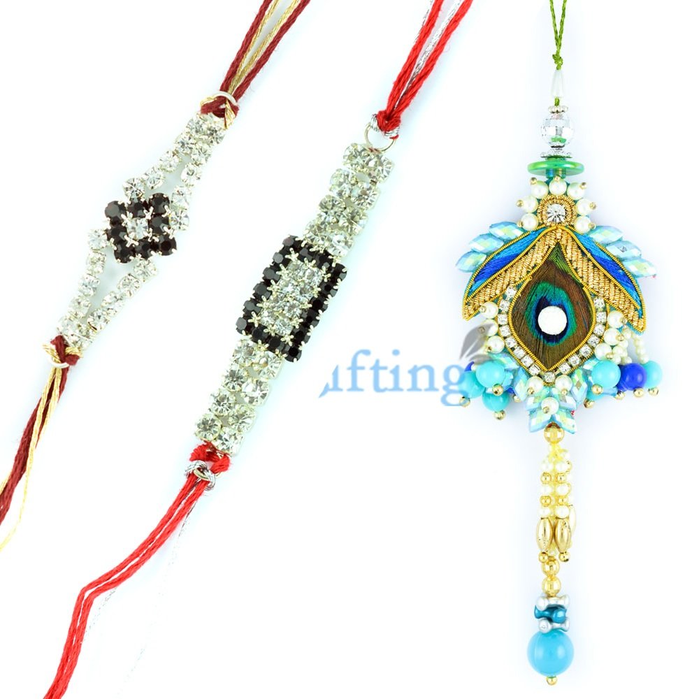 Silver Jewels Rakhi Bracelet with Peacock Feather Lumba-3 Rakhis Set