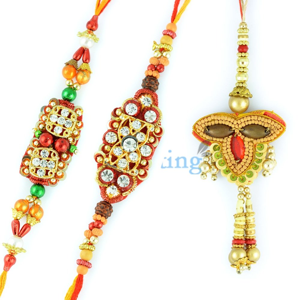 Traditional Diamond Rudraksh Rakhi with Beads Lumba Rakhi Set of 3 Rakhies