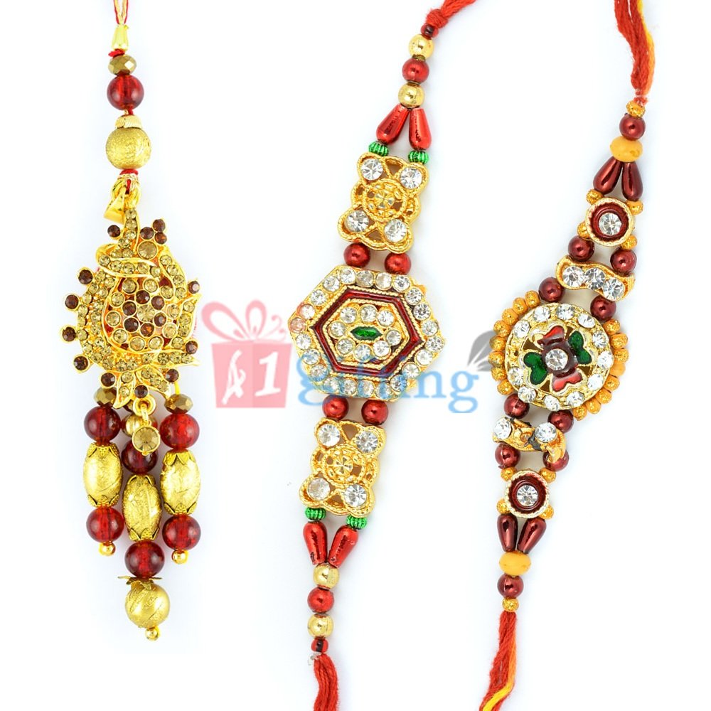 Beautiful Beads Lumba Rakhi with Diamond Beads Bracelet 3 Rakhis Set