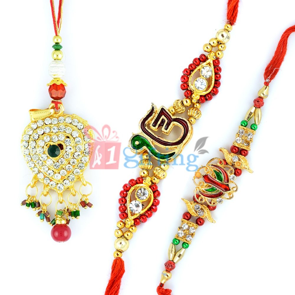 Charming Golden Diamond Lumba with Sikh Diamond Rakhi Set of 3 Rakhis