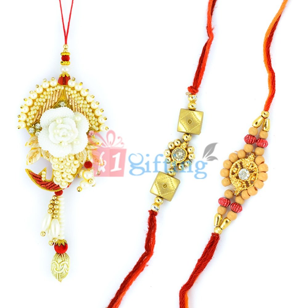 Superiority Pearl Zardosi Lumba with Beads Golden Rakhi Set of 3 Rakhis