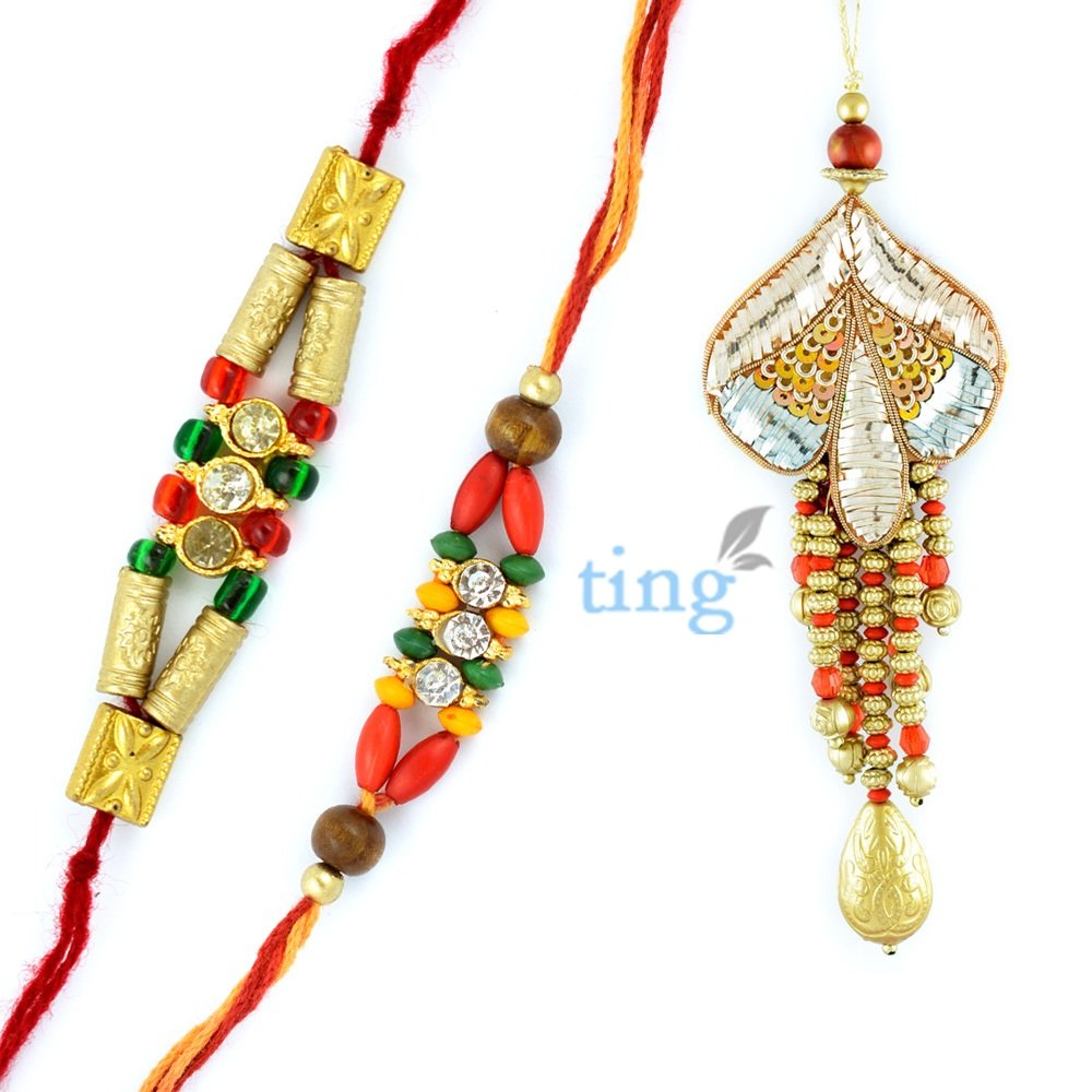 Bell Lumba Rakhi with Crystal Colorful Beads Rakhi Set of 3 Rakhis
