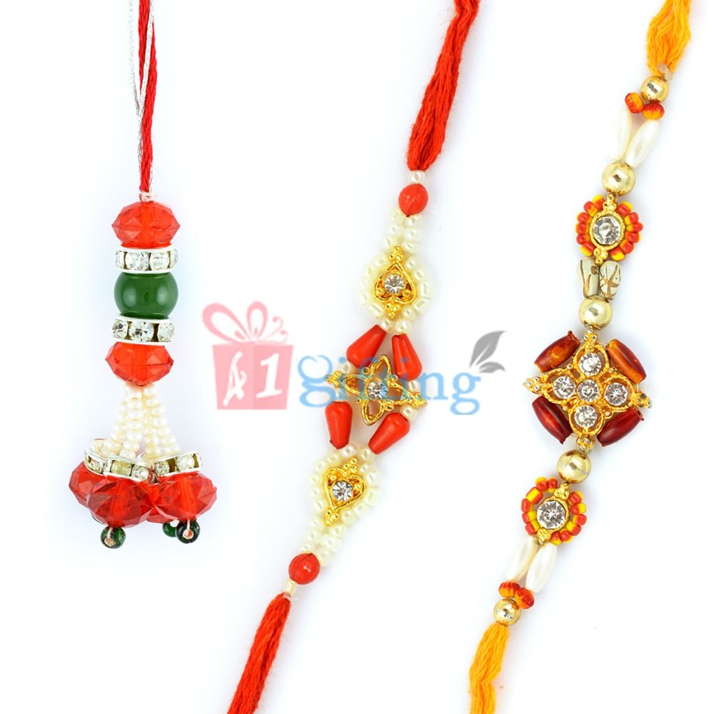 Alluring Red Crystal Beads Lumba Rakhi with Fancy Pearl 3 Rakhis Set