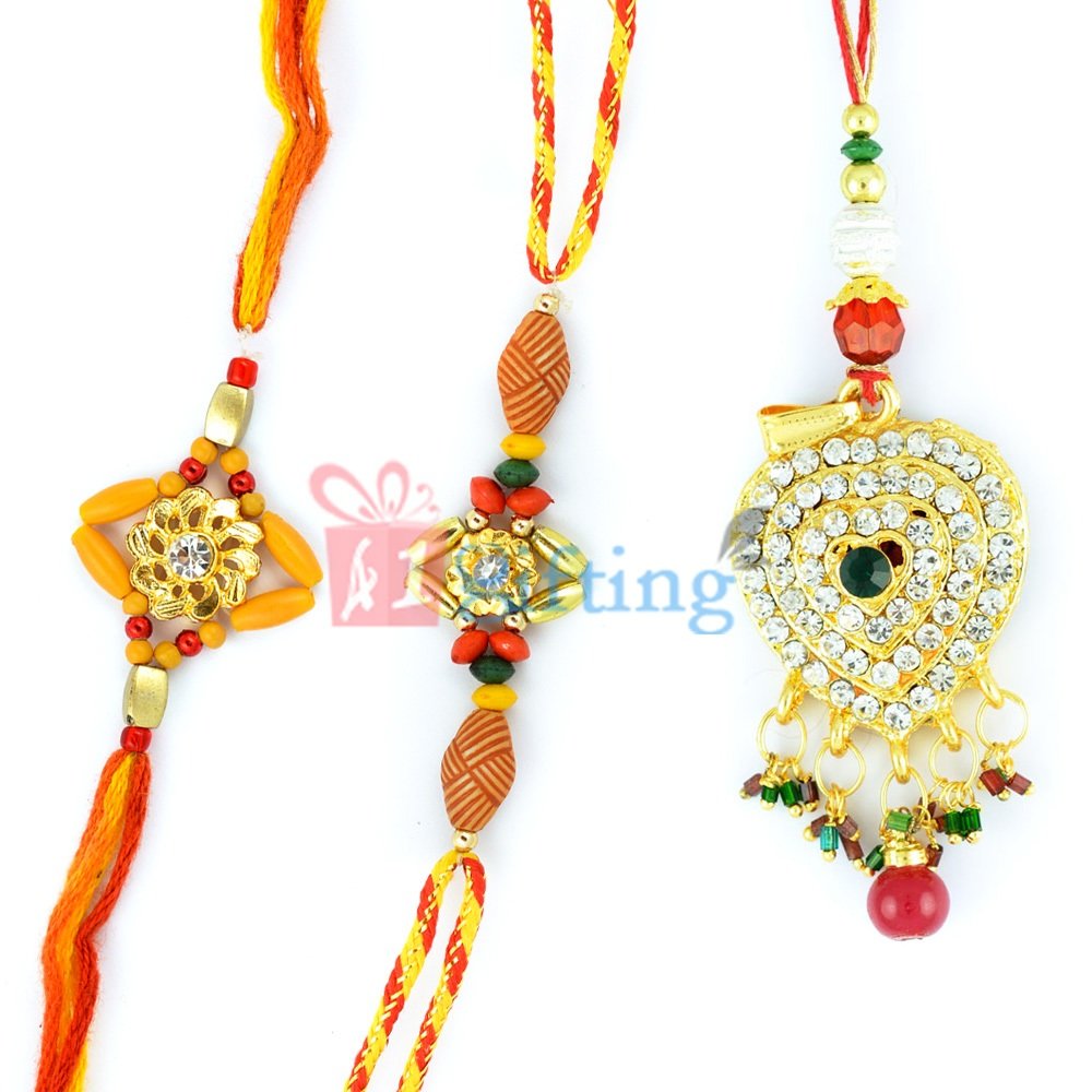 Heart Golden Diamond Lumba Designer Beads Rakhi-3 Rakhis Set