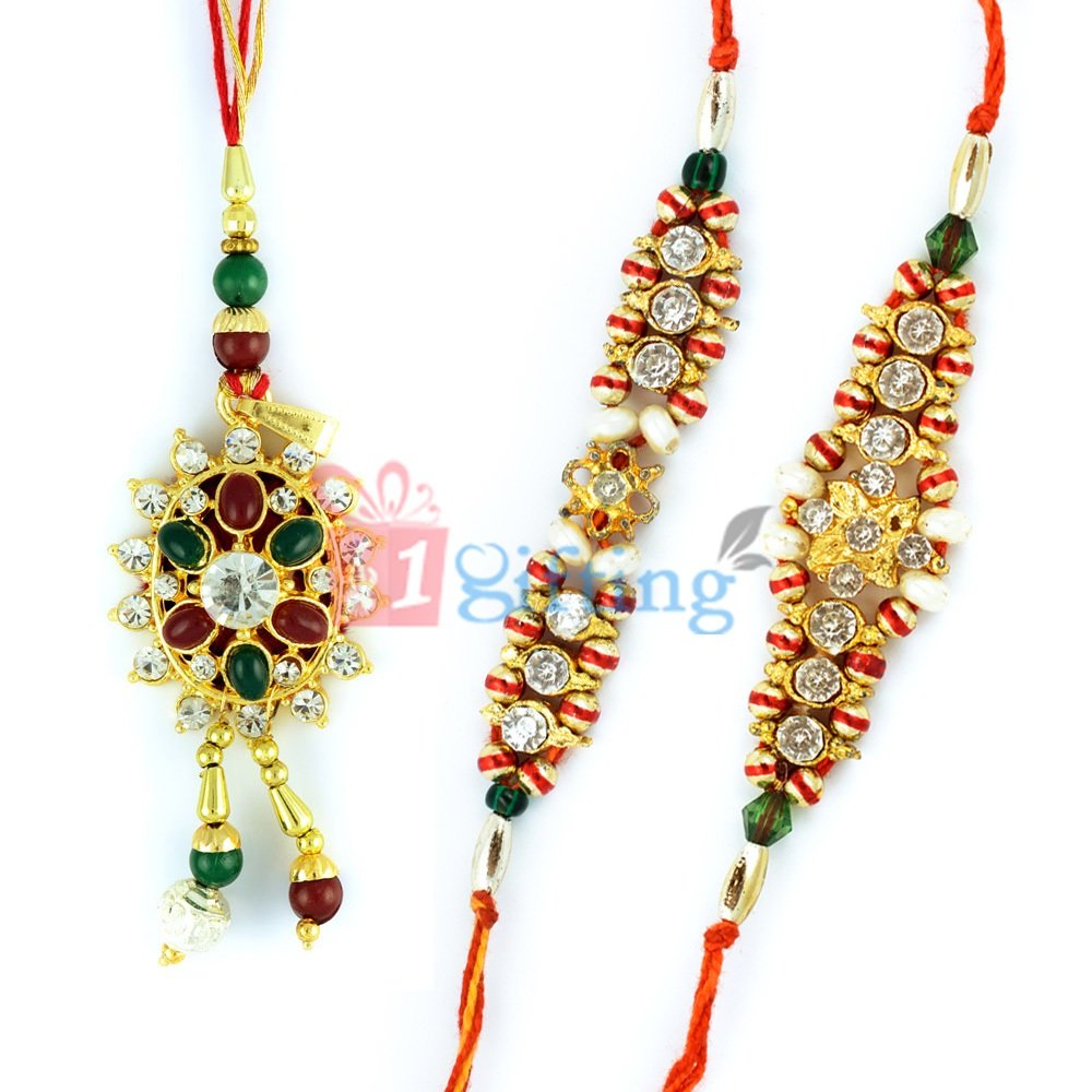 Superb Kundan Golden Diamond Lumba Beads Diamond Rakhi-3 Rakhis Set