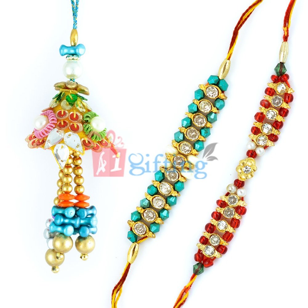 Stylish Colorful Lumba with Red-Skyblue Beads Jewel Bracelet Rakhi Set of 3 Rakhis